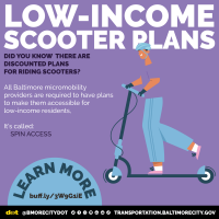Low income scooter plans. All Baltimore micromobility providers are required to have plans to make them accessible for low income residents. It's called spin access. Learn more at buff.ly/3W9G1iE